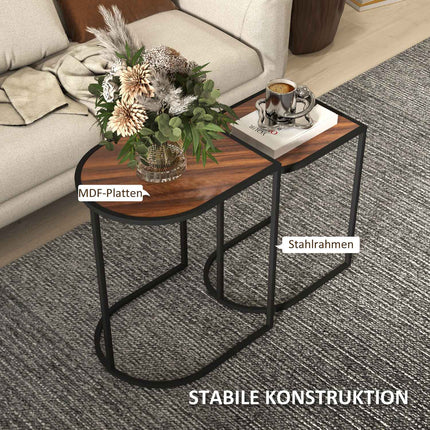 Square coffee tables with steel frame, set of 2, brown and black