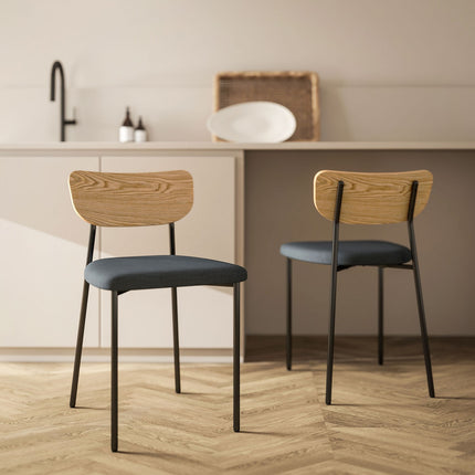 Set of 2 dining chairs, linen look, armless design, metal legs, grey