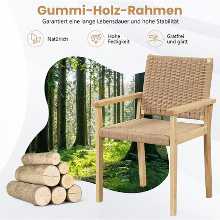 Set of 2 garden chairs wooden dining chairs with rope mesh & backrest & armrest natural