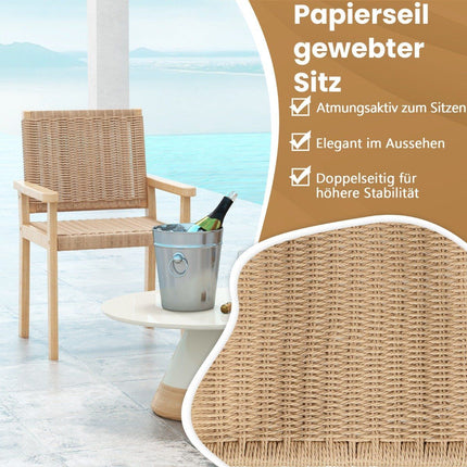 Set of 2 garden chairs wooden dining chairs with rope mesh & backrest & armrest natural