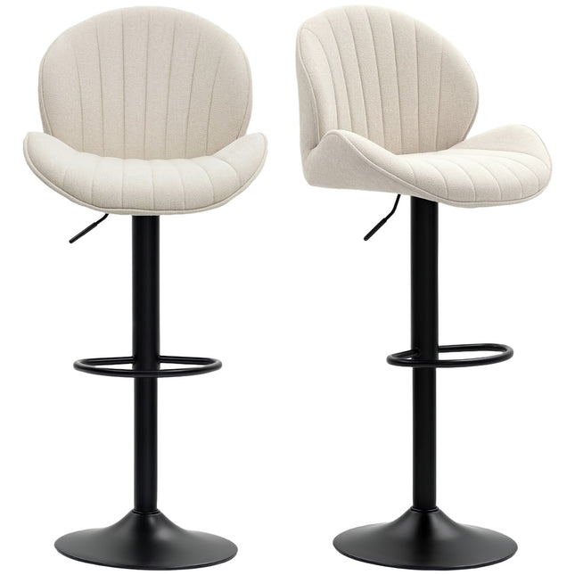 Set van 2 schelpvormige barkrukken met verstelbare rugleuning en voetensteun, stalen frame, beige