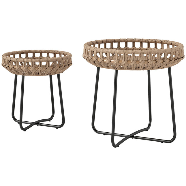 Round outdoor coffee tables in poly rattan - weatherproof, adjustable