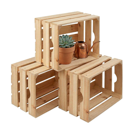 Set of 3 Stackable Pine Wooden Crates, 25x40x30 cm