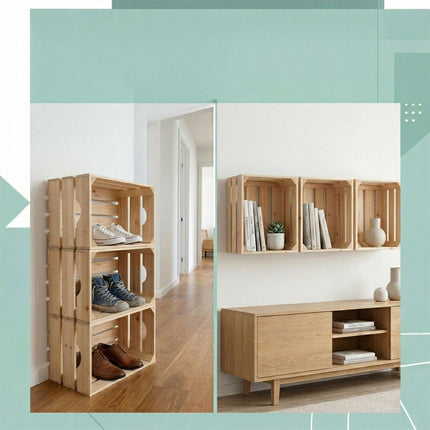 Set of 3 Stackable Pine Wooden Crates, 25x40x30 cm