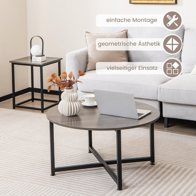 Set of 3 coffee tables with robust metal frame, round coffee table and 2 square side tables, grey