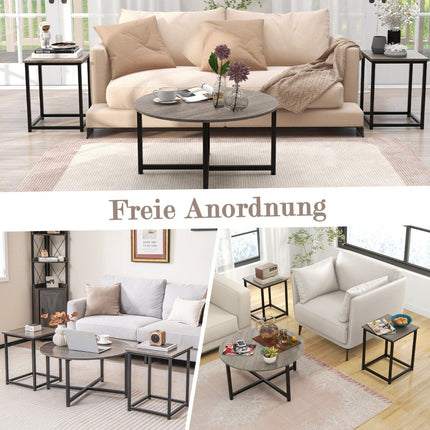 Set of 3 coffee tables with robust metal frame, round coffee table and 2 square side tables, grey
