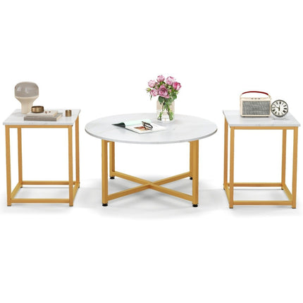 Set of 3 coffee tables with robust metal frame, round coffee table and 2 square side tables, white