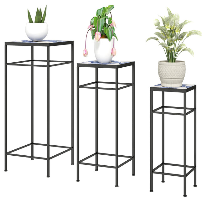 Metal plant stand for indoor use - Set of 3, blue and white, 71 cm