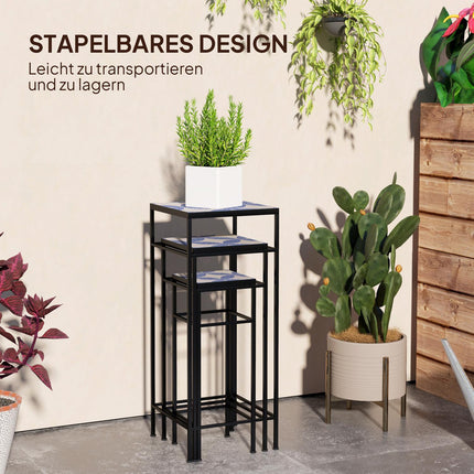 Metal plant stand for indoor use - Set of 3, blue and white, 71 cm