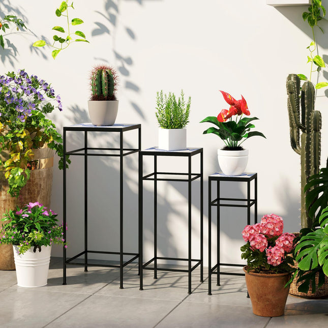 Metal plant stand for indoor use - Set of 3, blue and white, 71 cm