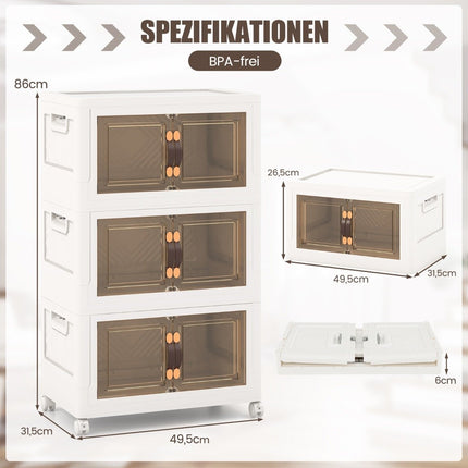 Set of 3 stackable storage boxes with lids & wheels & doors 49.5 x 31.5 x 86 cm