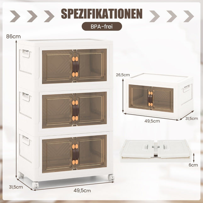 Set of 3 stackable storage boxes with lids & wheels & doors 49.5 x 31.5 x 86 cm