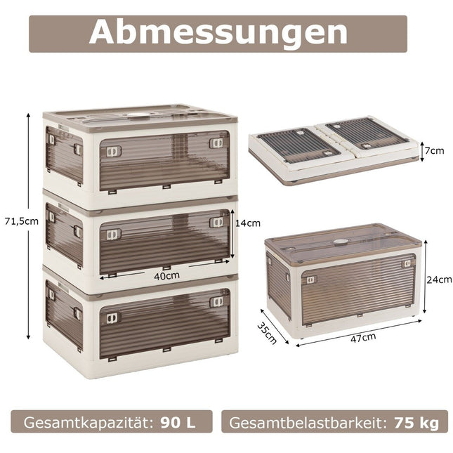 Set of 3 storage boxes with lids on wheels Foldable stacking boxes accessible from 5 sides 90 liters