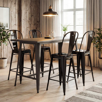 Set of 4 Black Metal Bar Stools with Backrests