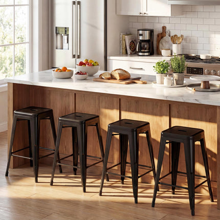 Set of 4 Black Metal Bar Stools with Backrests