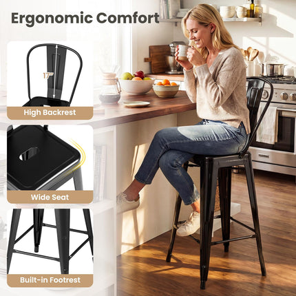 Set of 4 Black Metal Bar Stools with Backrests