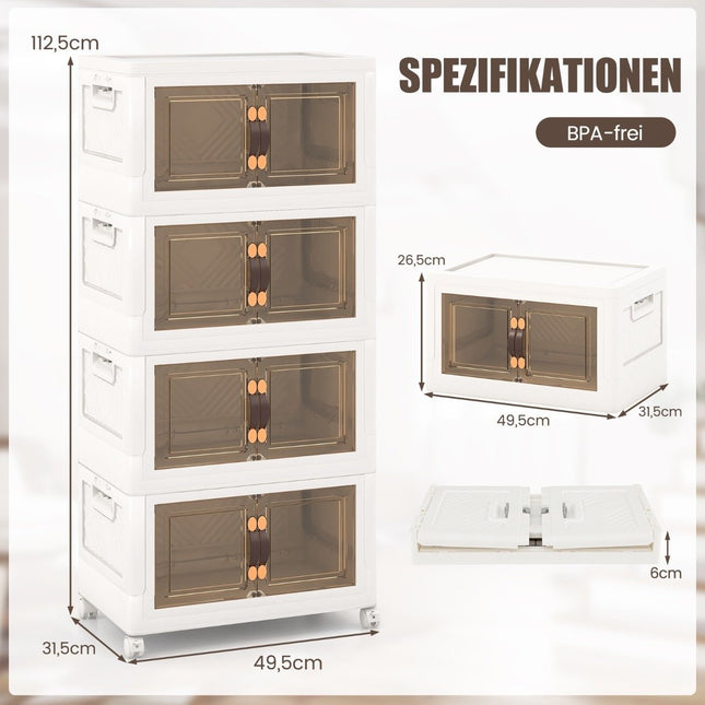 Set of 4 stackable storage boxes with lids & wheels & doors 49.5 x 31.5 x 112.5 cm