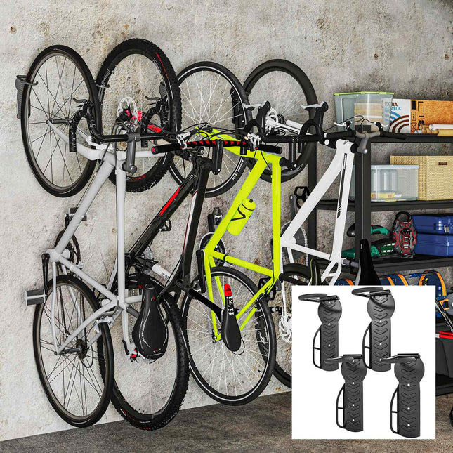 Set van 4 verticale fietswandbeugels met een draagvermogen van 30 kg, opvouwbare fietsbeugel voor 4 fietsen, fietsenstandaard voor racefietsen, MTB e-bike fietsophanging voor garagehuis, zwart