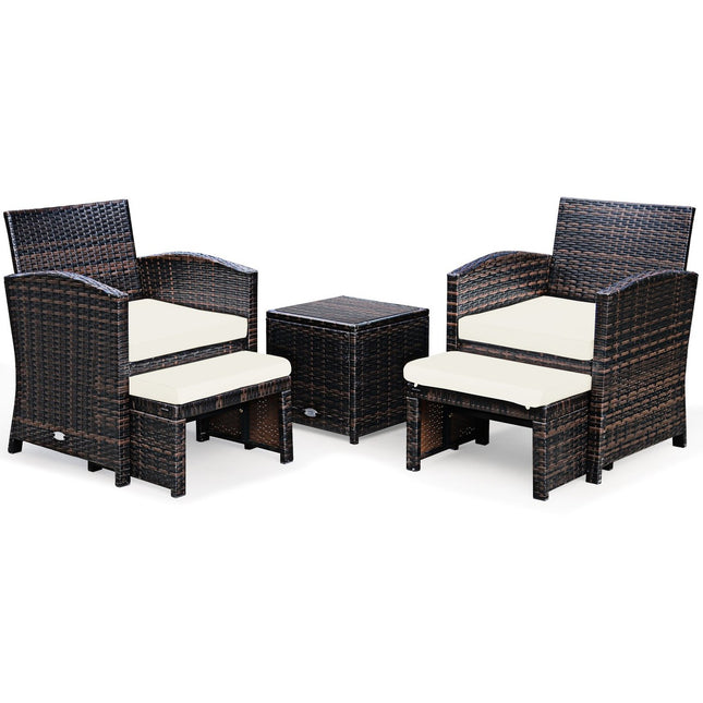 Set of 5 Rattan Set Furniture Balcony Set Garden Furniture Seating Group Brown + White