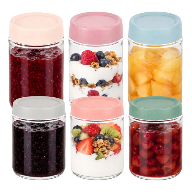 Set of 6 Glass Jam Jars with Pastel Lids, 350ml & 450ml
