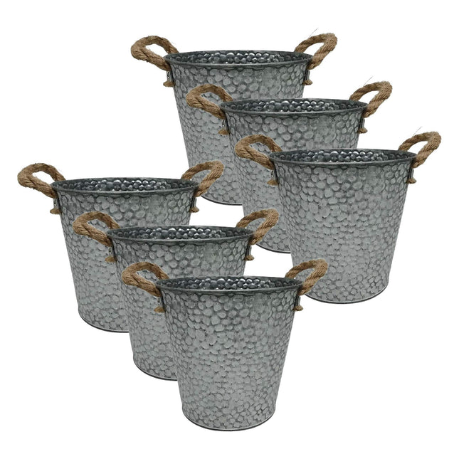 Set of 6 Vintage-Style Metal Planters with Jute Handles