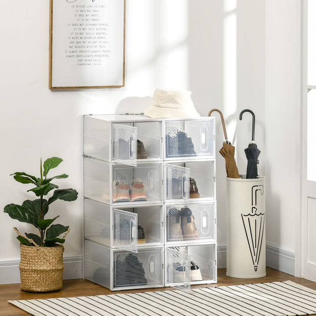 Zestaw 8 pudełek na buty, organizer na buty z drzwiczkami magnetycznymi, pudełko na buty z pokrywką, plastikowy pojemnik na buty, na buty do rozmiaru 45, przezroczysty + biały