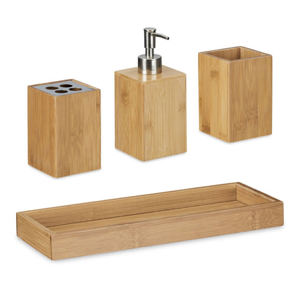 Set of bathroom accessories in bamboo