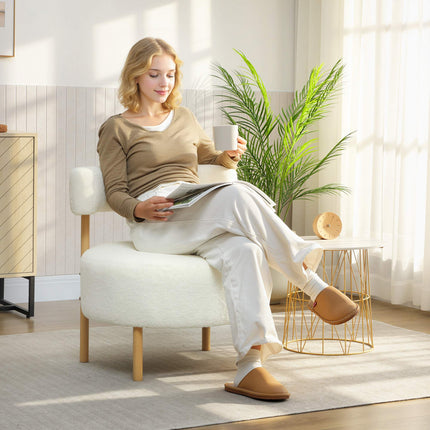 Sherpa-Fleece Lounge Chair, Metal Wood-Look Legs, Cream White