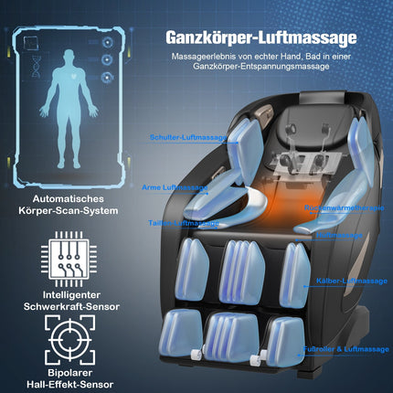 Shiatsu Massage Chair, Adjustable, Bluetooth, Black, 143x77x111 cm