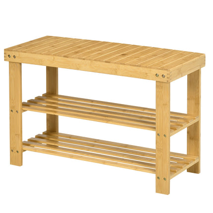 Bamboo shoe rack bench - 3-tier, fits 6 pairs, natural