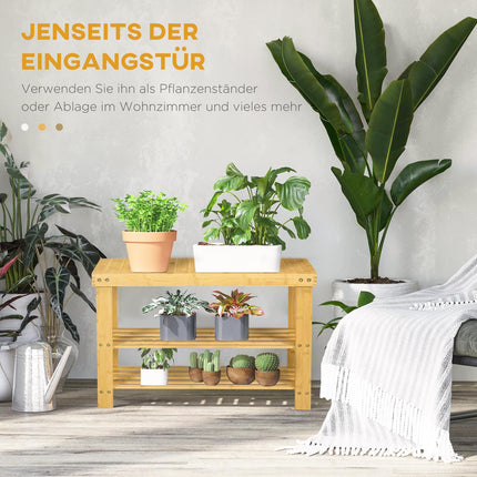 Bamboo shoe rack bench - 3-tier, fits 6 pairs, natural