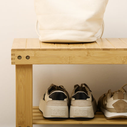 Bamboo shoe rack bench - 3-tier, fits 6 pairs, natural