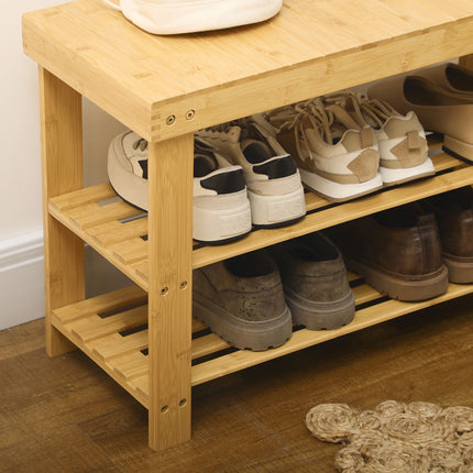 Bamboo shoe rack bench - 3-tier, fits 6 pairs, natural