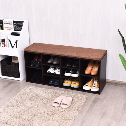 Shoe Bench with Cushion, Adjustable Shelves, Brown Wood