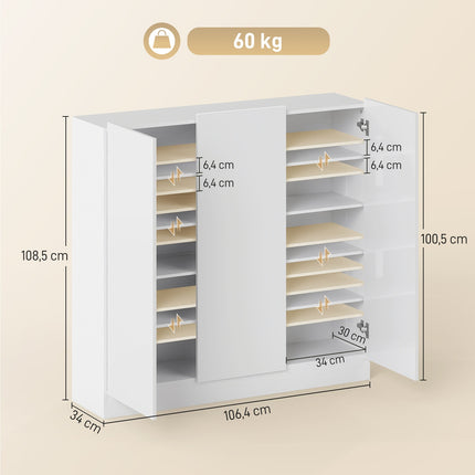 Shoe Cabinet, 10 Shelves, Ventilation, Soft-Close, White Wood