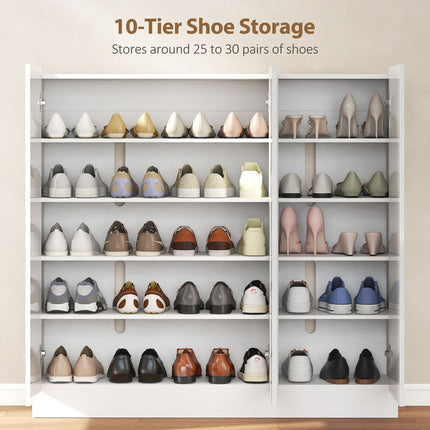 Shoe Cabinet, 10 Shelves, Ventilation, Soft-Close, White Wood