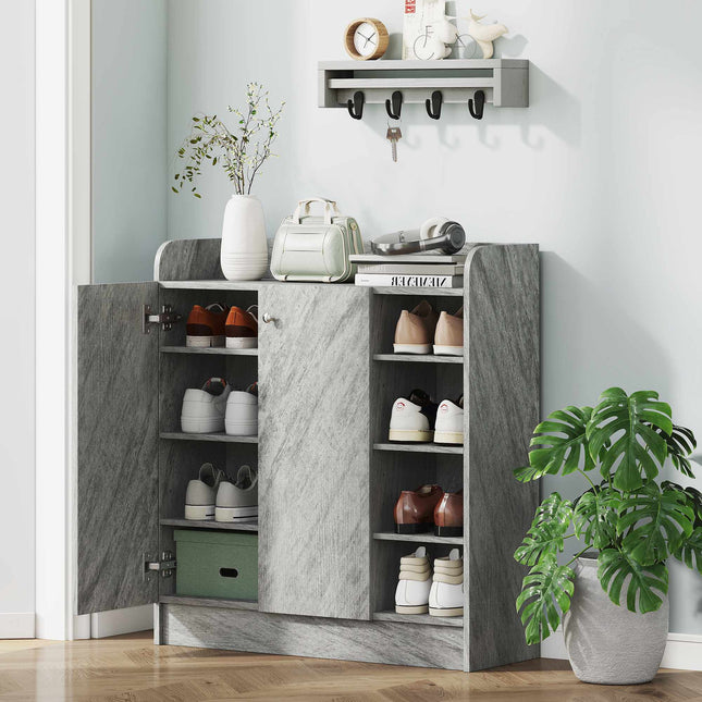 Szafka na buty, 12 par, 2 drzwi, 4 otwarte półki, szara
