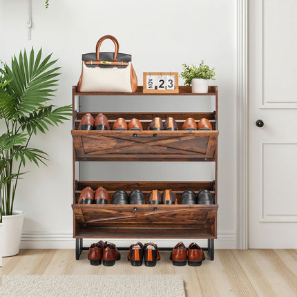 Shoe Cabinet, 2 Flip Drawers, Narrow Farmhouse, Brown