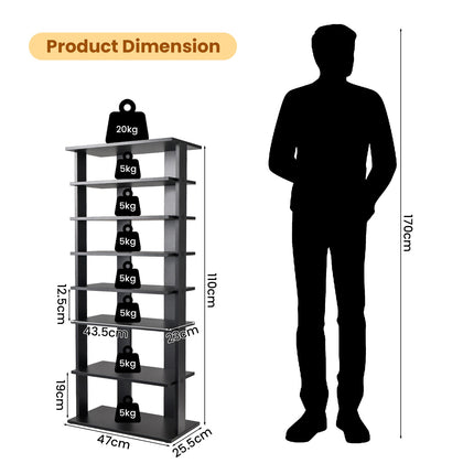 Shoe Cabinet, 7-Tier Double-Row, Removable Shelves, Black