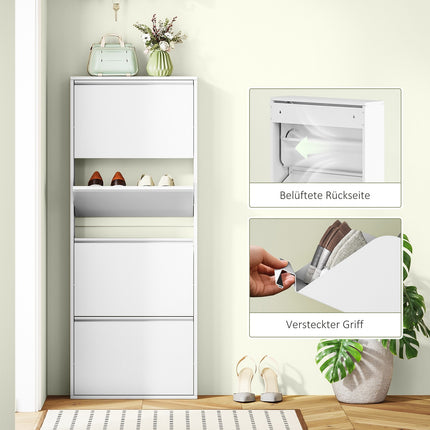 Space-saving metal shoe cabinet with 4 flaps, white