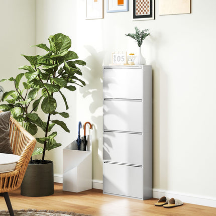 Space-saving metal shoe cabinet with 4 flaps, white