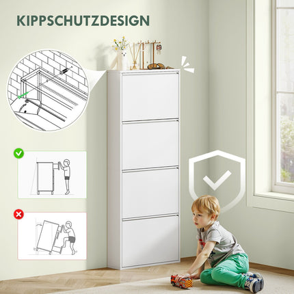 Space-saving metal shoe cabinet with 4 flaps, white