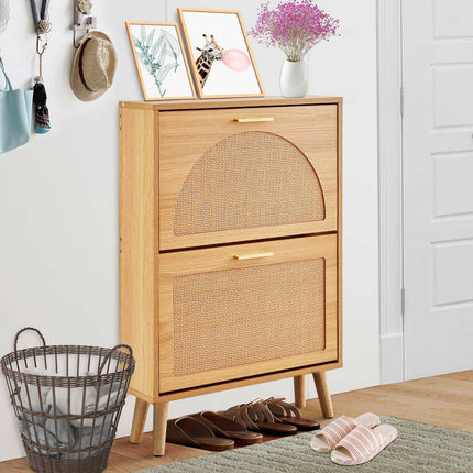 Shoe Cabinet With 2 Flip Drawers, Slim Rattan Doors