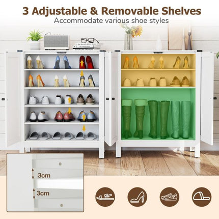 Shoe Cabinet With Doors, 6-Tier Adjustable Shelves, White