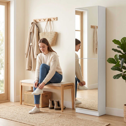 Shoe Cabinet With Mirror, Slim 5-Tier, White 50x20x180cm