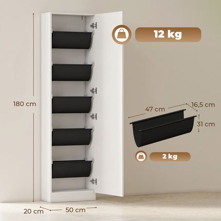 Shoe Cabinet With Mirror, Slim 5-Tier, White 50x20x180cm