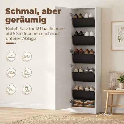 Shoe Cabinet With Mirror, Slim 5-Tier, White 50x20x180cm