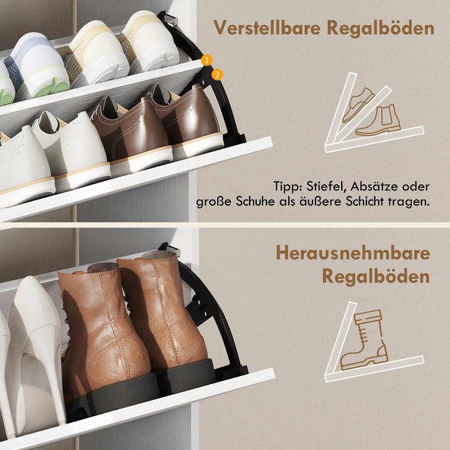 Szafka na buty z regulowanymi przegródkami, 2 drzwiami opuszczanymi, biała