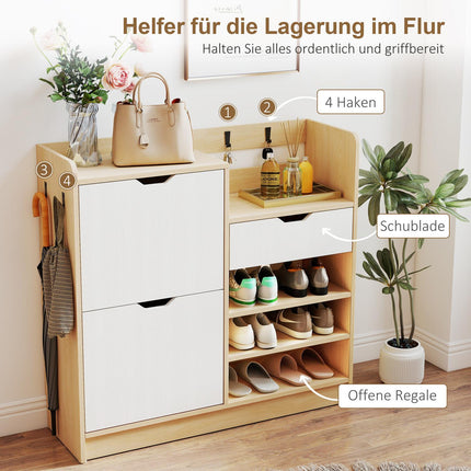 Shoe Cabinet with Flip Drawers, Open Shelves, 4 Hooks