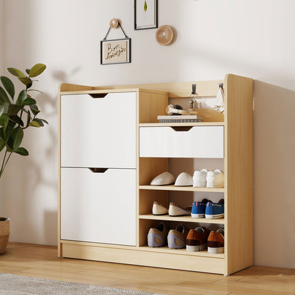 Shoe Cabinet with Flip Drawers, Open Shelves, 4 Hooks